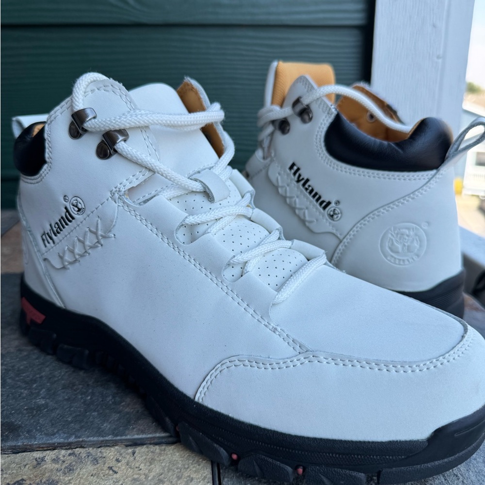 White and Black Mid-Top Sneakers with Leather Finish
